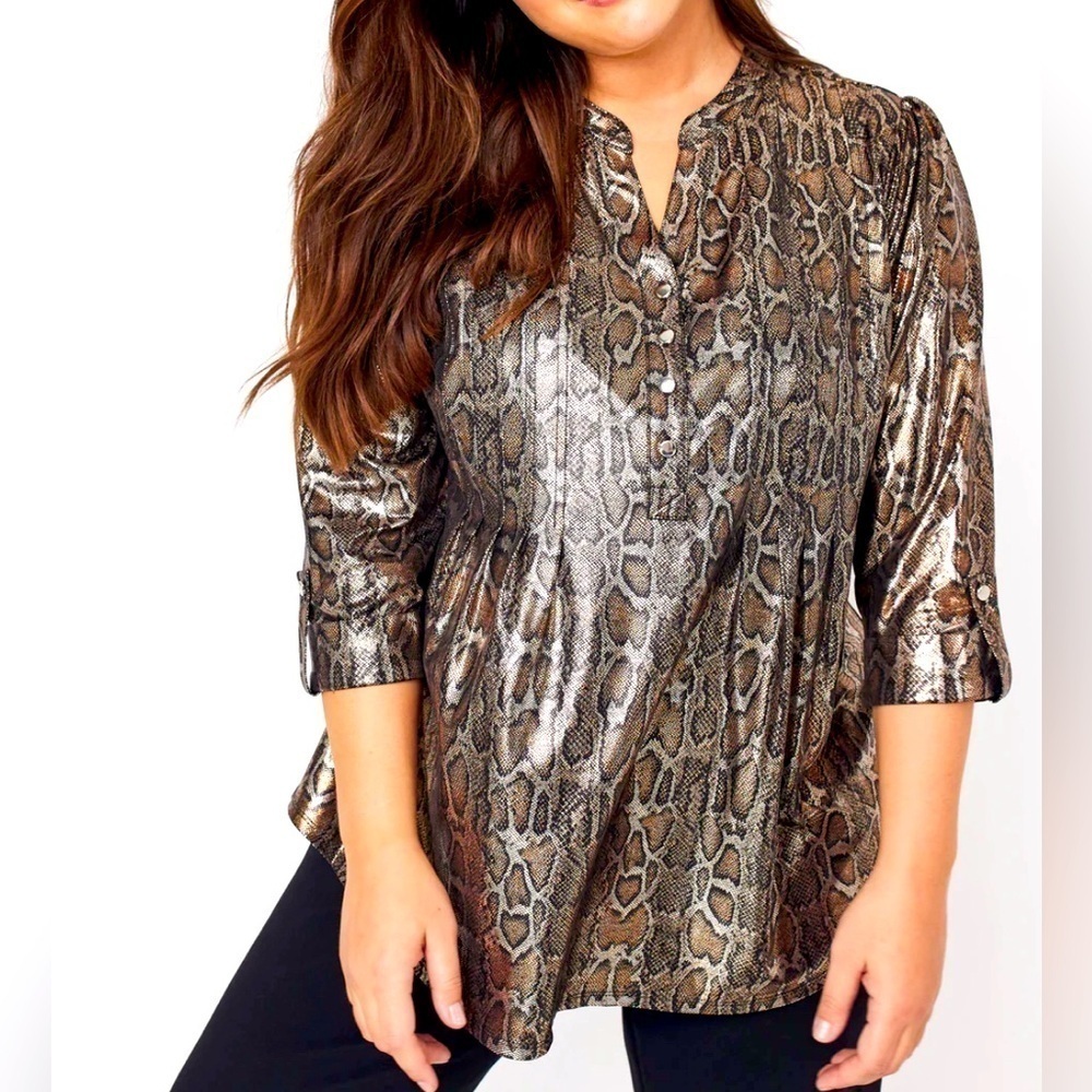 Roz & Ali Women's Sz 1X Animal Snake Print Foil Metallic Tunic Top Popover